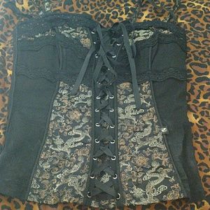 Tripp Black and gold dragon print corset sm.
